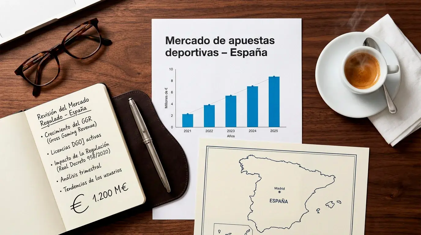Mesa de analista con informes impresos sobre el mercado español de apuestas deportivas reguladas